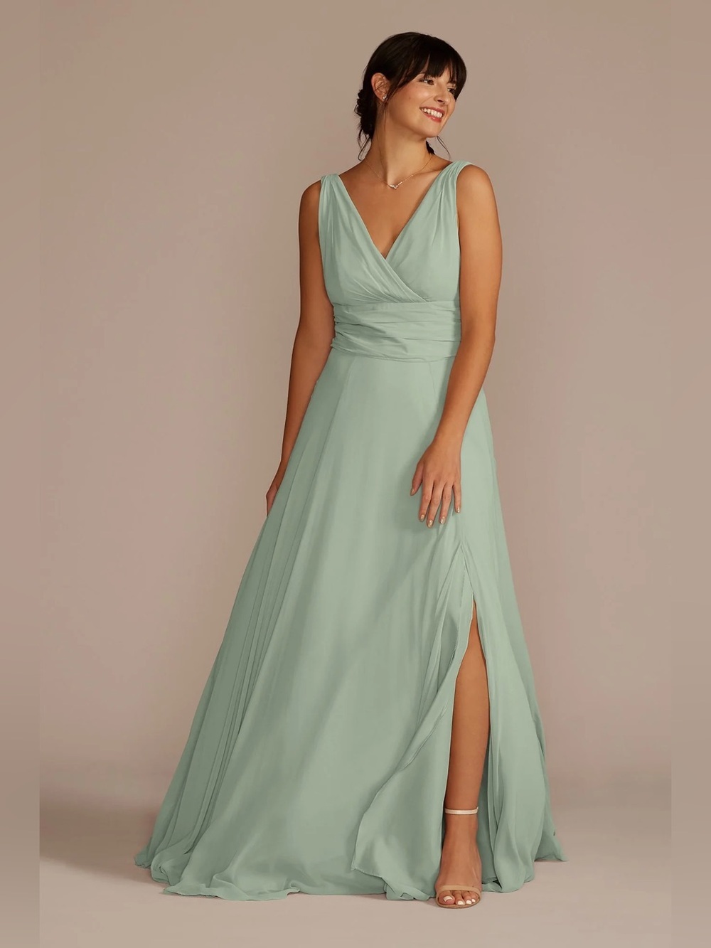 NWT David’s Bridal Long Chiffon Surplice Tank Bridesmaid Dress size 2 Dusty Sage